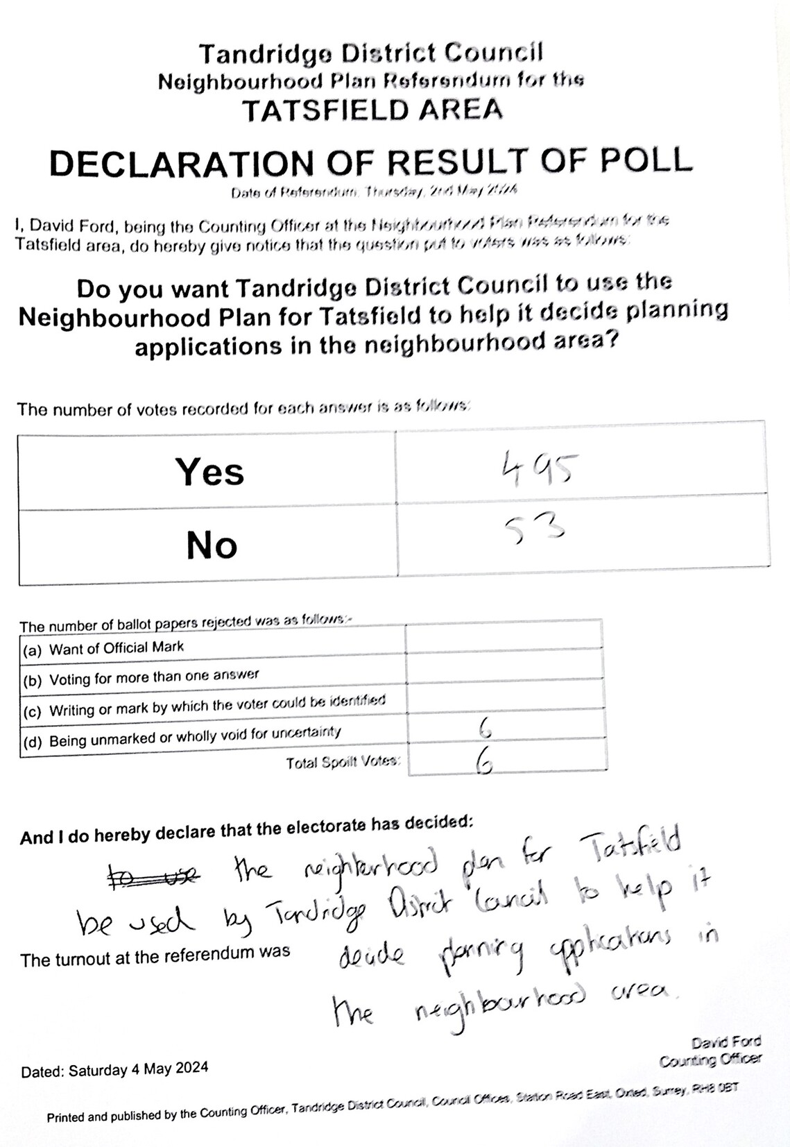 Tatsfield Neighbourhood Plan Result